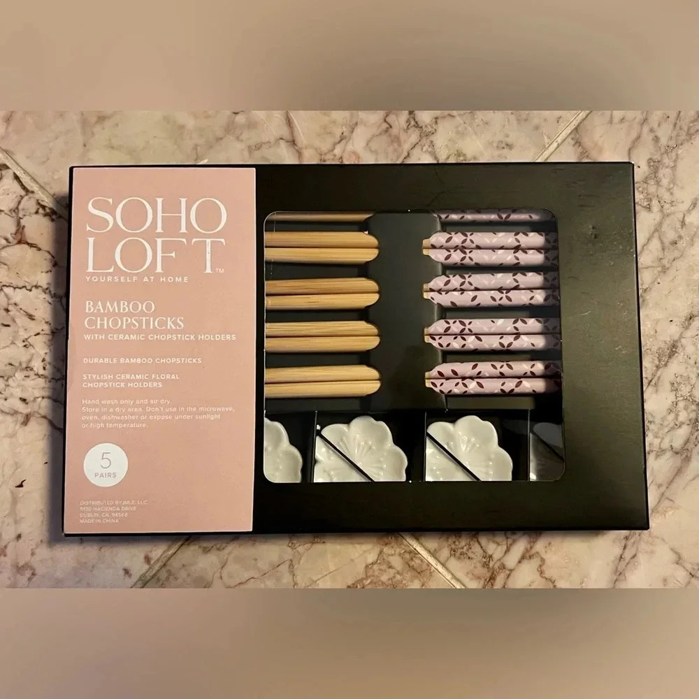 NEW Soho Loft 10pc Bamboo Chopsticks with Ceramic Holders Set